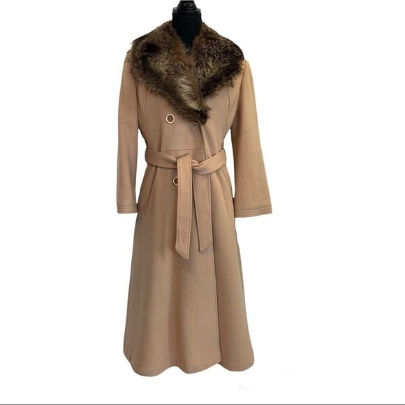 Jeremy Scott Tan Belted Coat with Fur Collar - Picture 1 of 12